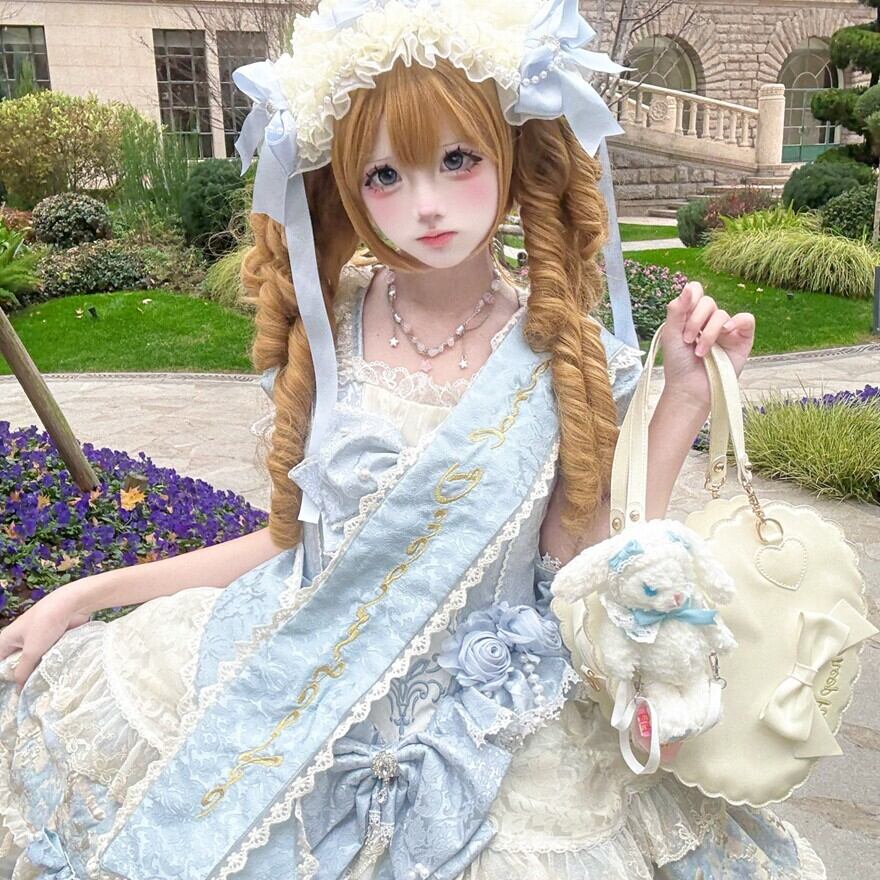 甘ロリセットアップ 水色×白 ボンネット×トレイン付き 豪華姫系ドレス
