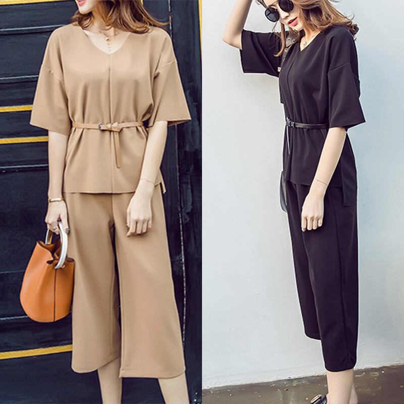 ベルト付き 半袖 無地 セットアップ