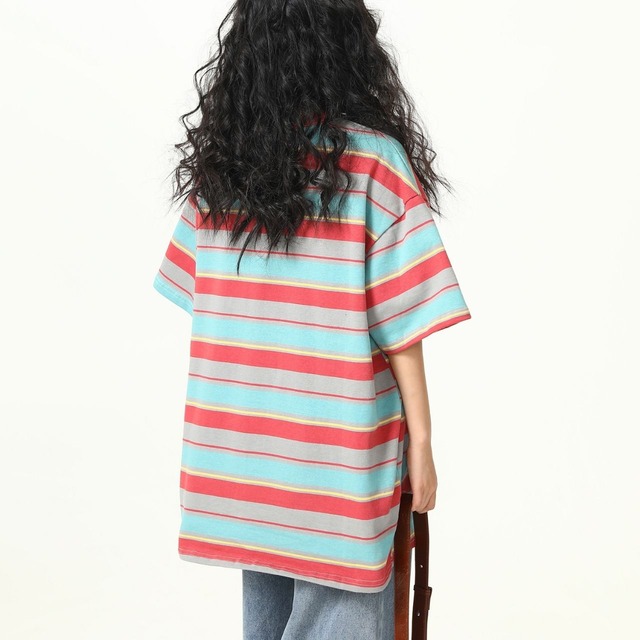 マルチボーダー柄ワンポイントロゴTシャツ   R00313