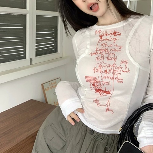 シームデザインプリントロングスリーブTシャツ ・76621