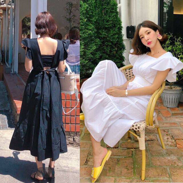 ワンピース レディース サマードレス ボヘミアン リゾート ビーチドレス ブラック/ホワイト リボン フリル襟 背中開き スクエアネック