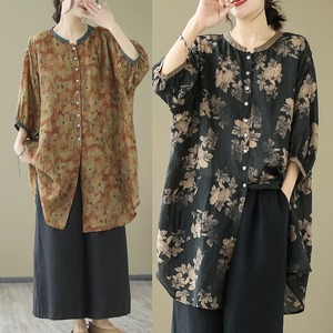 FLOWER PRINT 3/4 LANTERN SLEEVES TUNIC SHIRT 2colors M-16491