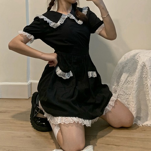 ✞ レース半袖スリーブAライン ショート スウィート ステッチ ✞ゴスロリ SM ミリ 甘ロリ クラロリ 和ロリ エレガント 黒ロリ 姫ロリ 華ロリ BB-BB1597300