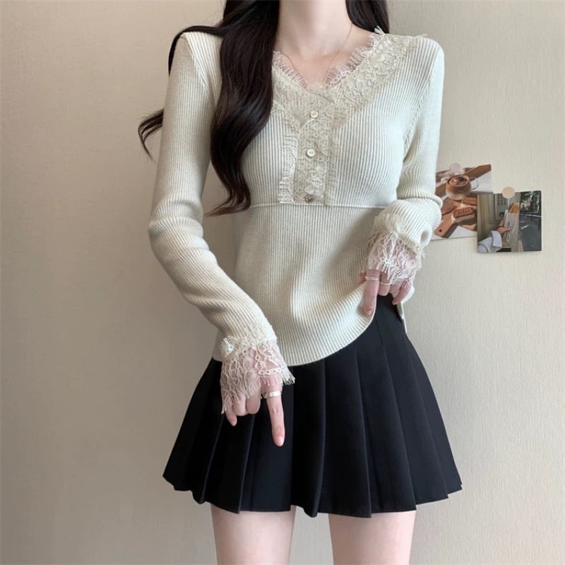 【tops】レースドッキングニットトップス Q7780