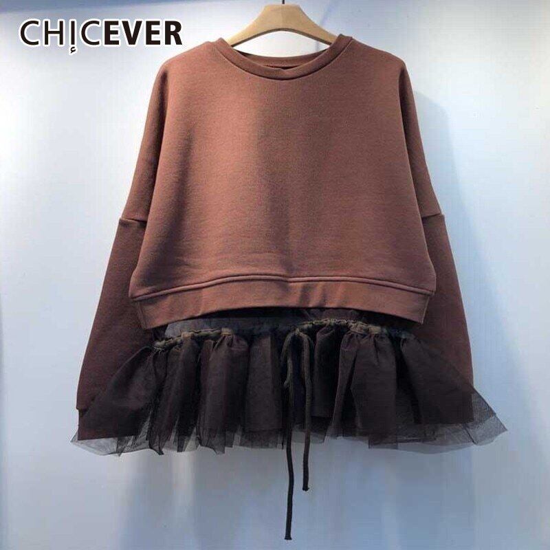 CHICEVERパッチワークメッシュスウェットシャツ女性Oネック長袖巾着ルーズプルオーバートップスタイド ロング 6base516539286087