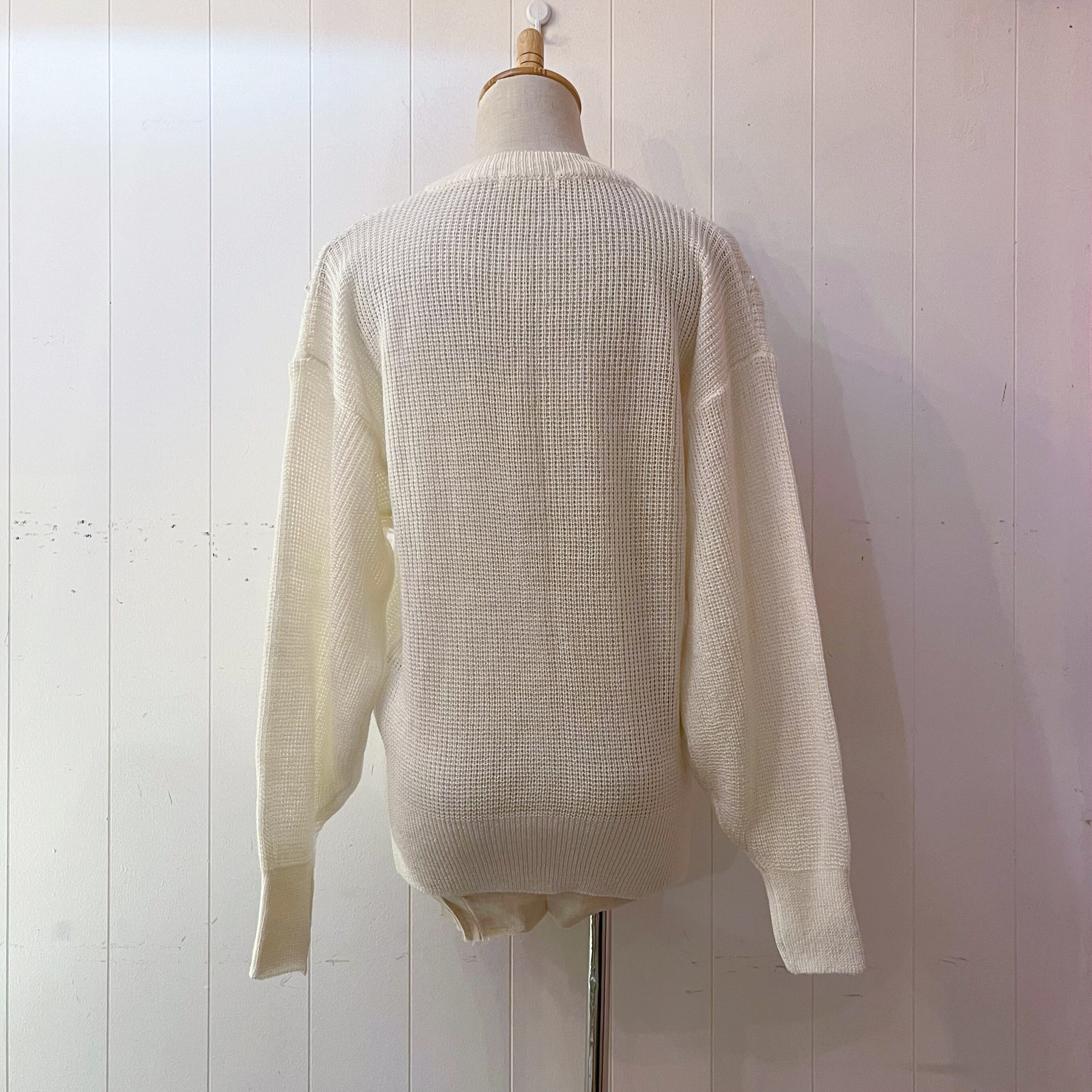 mini pearl beads white knit cardigan