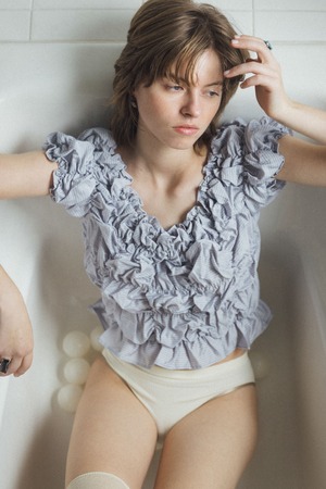 WILLFULLY　whip shirring stripe 2way tops　ウィップ シャーリング ストライプ 2way トップス　Blue