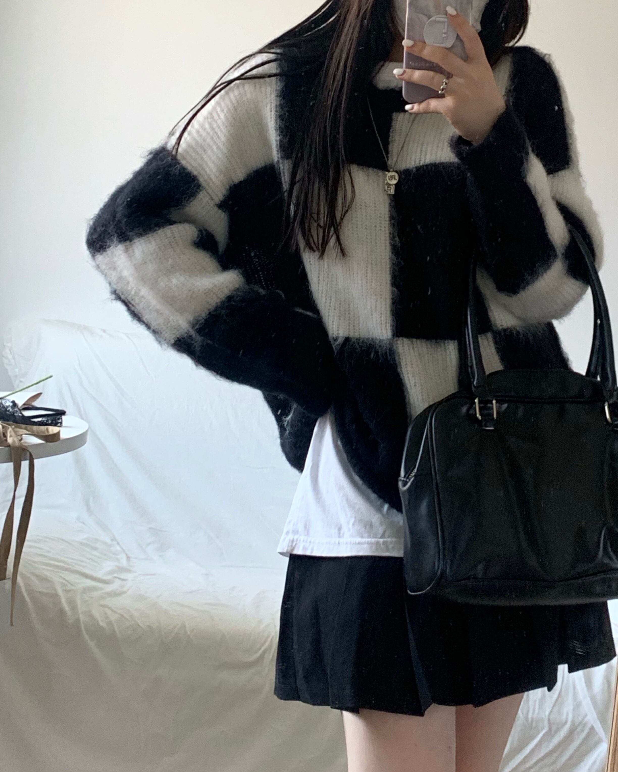 ブラックホワイトルーズセーター ジャケット オータムスタイルプルオーバー ロング 秋物 モンロー90125766054