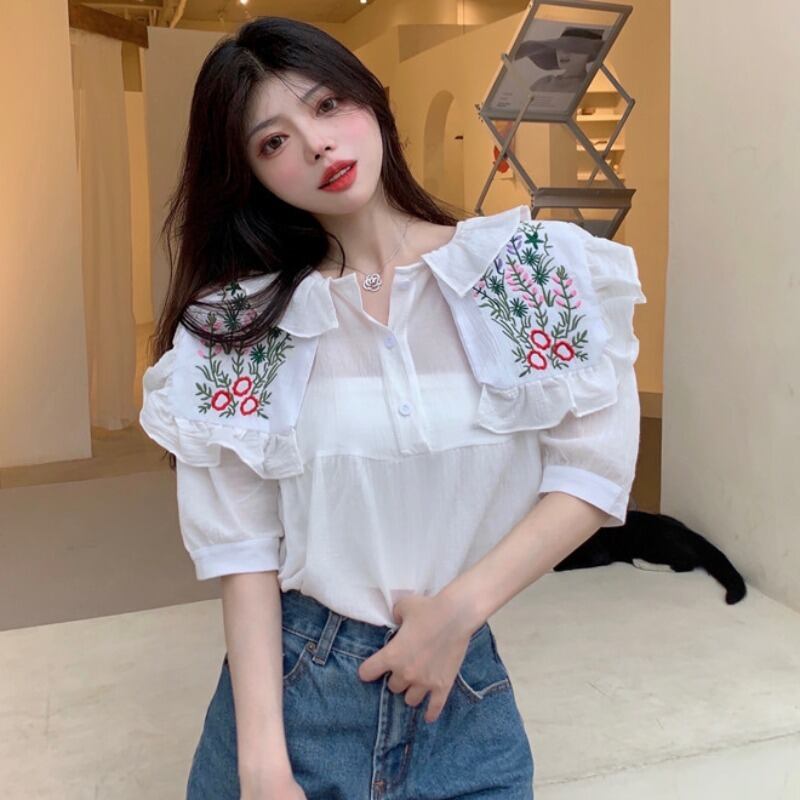 刺繍ルーズシャツ トップス レディース ランタンスリーブ ハンチェンe91895030344