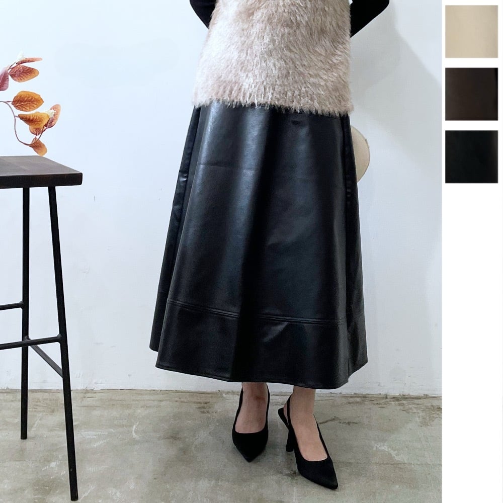 【予約】Fake leather stitch semi flare skirt