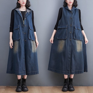 BLUE DENIM HOODED A-LINE VEST LONG JACKET COAT 1color M-6883