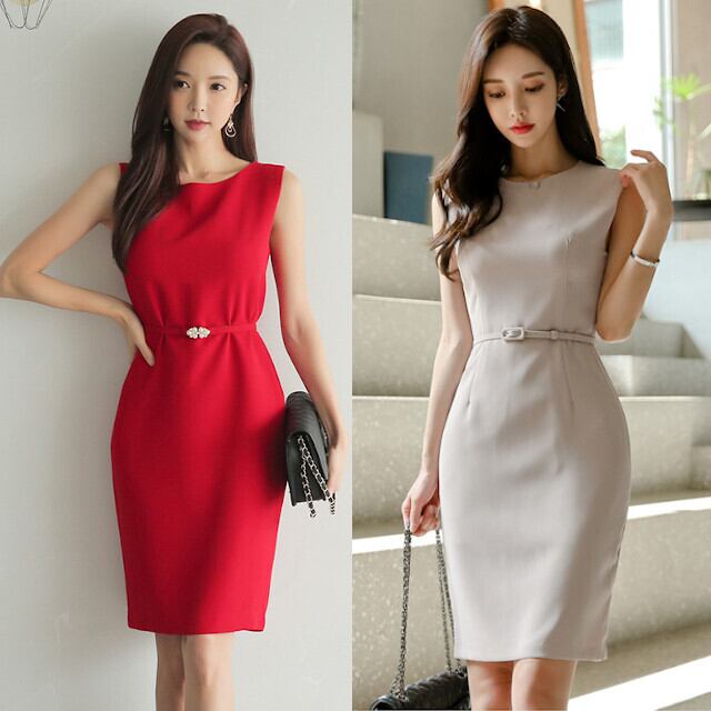 レディース ワンピース ドレス ノーカラー 膝丈 パーティードレス 無地 ノースリーブ タイト エレガント パーティー ウエストマーク レッド/グレー S/M/L/XL