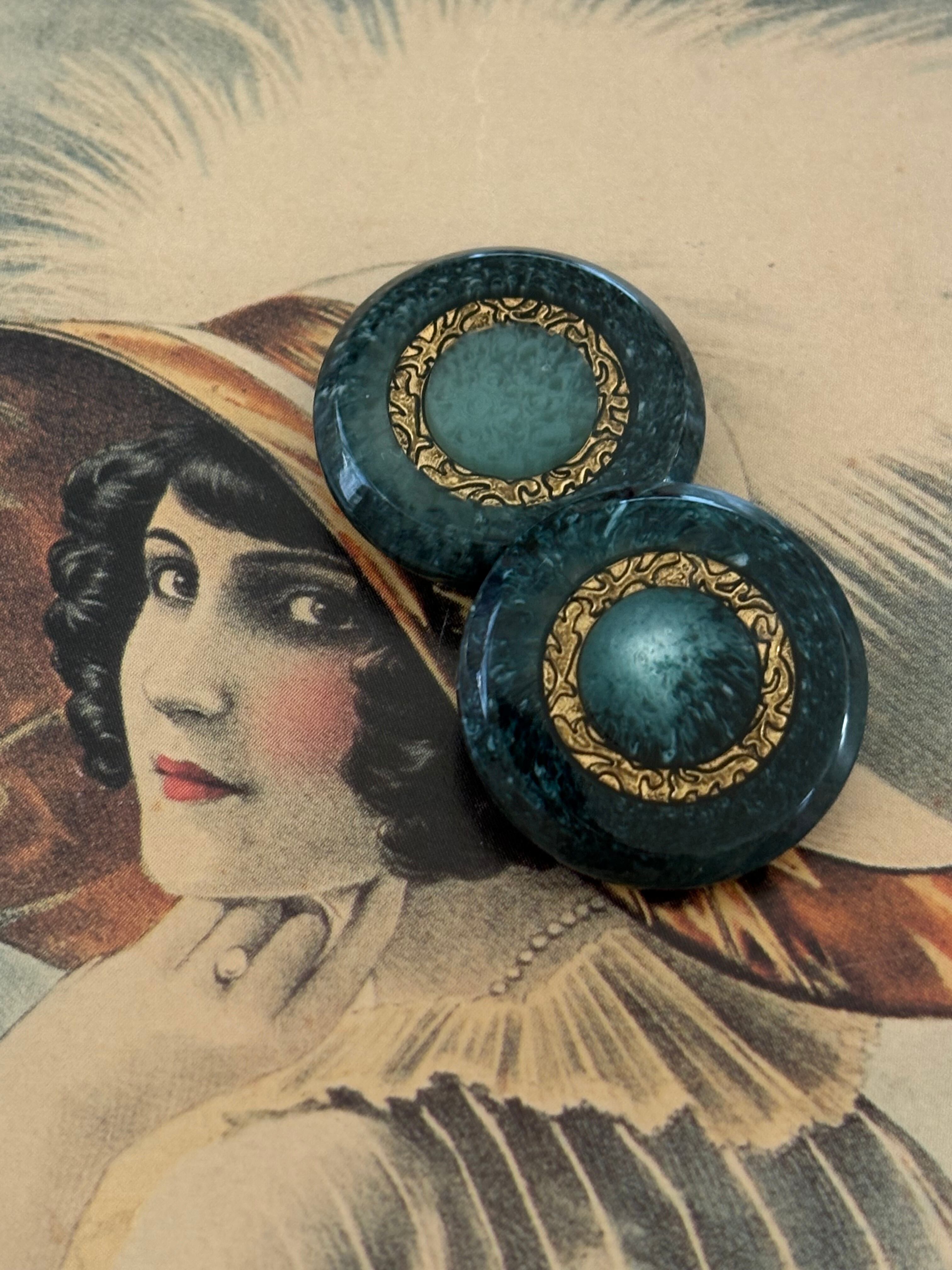 Japanese Vintageボタン レトロボタン マーブル調 グリーン×ゴールド 22mm アクセサリーパーツ デコレーション材