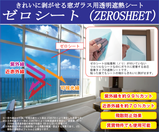 窓ガラス用透明遮熱シート「DIY用ゼロコート(W92x180㎝）