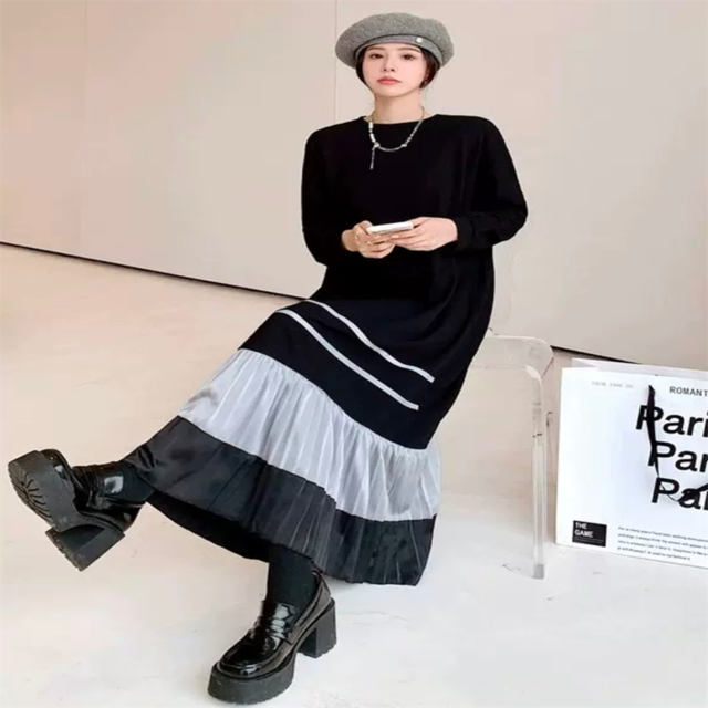 【送料無料】 ロングワンピ マキシ 大きい ゆったり ゆる オーバーサイズ プラスサイズ 長袖 Uネック Aライン フレア プルオーバー プリーツ エレガント 可愛い 大人可愛い きれいめ シンプル カジュアル シック コンサバ 華やか 大人 上品 おしゃれ お洒落 主役級 こなれ感 フェミニン ガーリー ボーダー しましま 冬 レディース 女性用 30代 40代 デート お出かけ 女子会 お呼ばれ 休日 お茶会 授業参観 着回し 普段使い ファッション 楽ちん 体型カバー 定番 ママ服 マタニティ