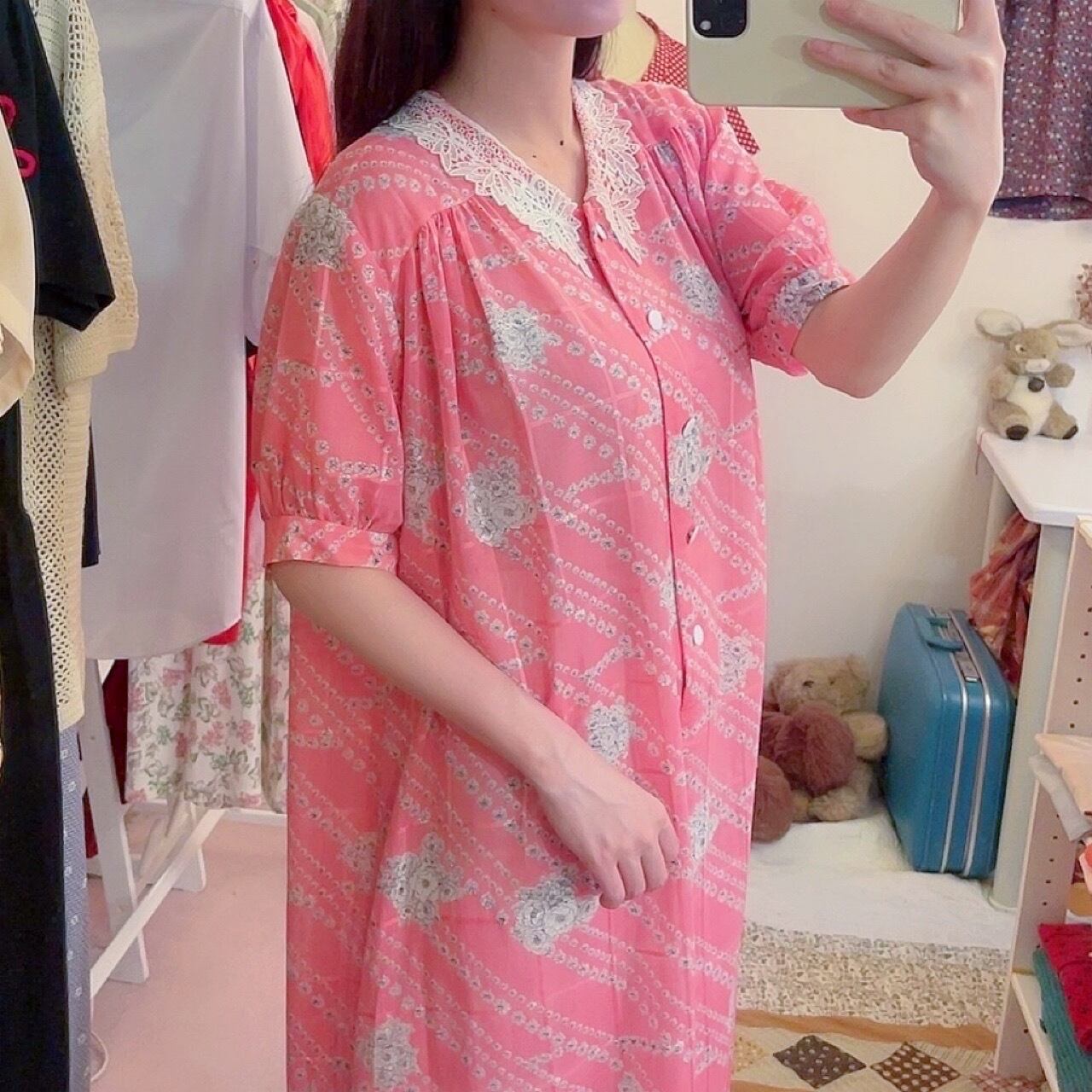 lace collar vivid pink one-piece