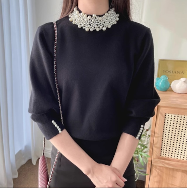 【期間限定SALE・国内即納】パールデコレーション ニットセーター ブラック NI00167 【期間限定SALE・国内即納】パールデコレーション ニットセーター ブラック NI00167