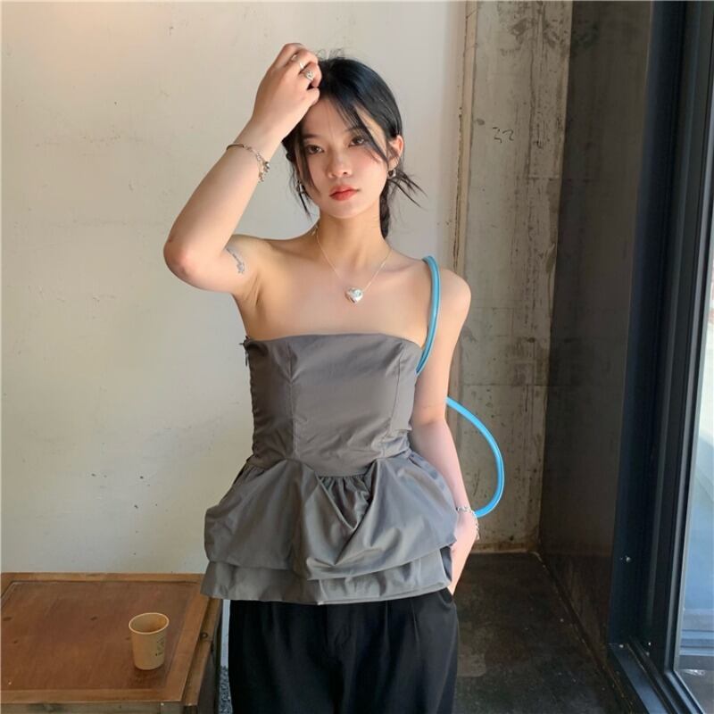 トップス サマーショートストラップ 薄手グレーブラ 夏物 ピュア ブラックストロベリース69427954765