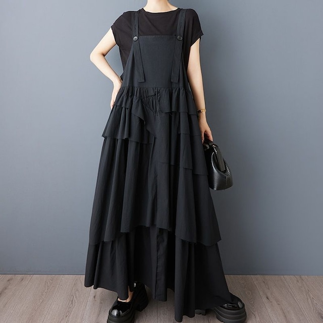 FRILL LAYERED DESIGN A-LINE STRAP LONG JUMPER DRESS 2colors M-11937
