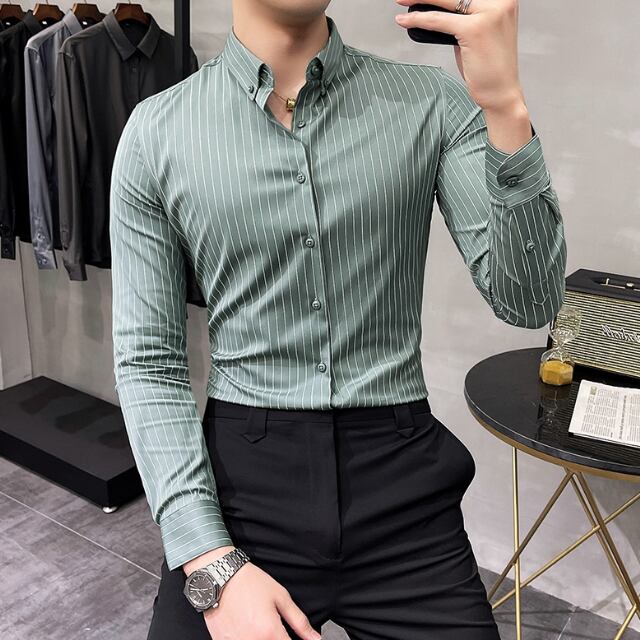 【予約販売】シャツ 長袖 シンプル ストライプ柄 ベーシック レトロ メンズ グリーン ホワイト ブラック カジュアル シック こなれ感 お洒落 韓国 トレンド 春 秋 M/L/XL/2XL/3XL/4XL