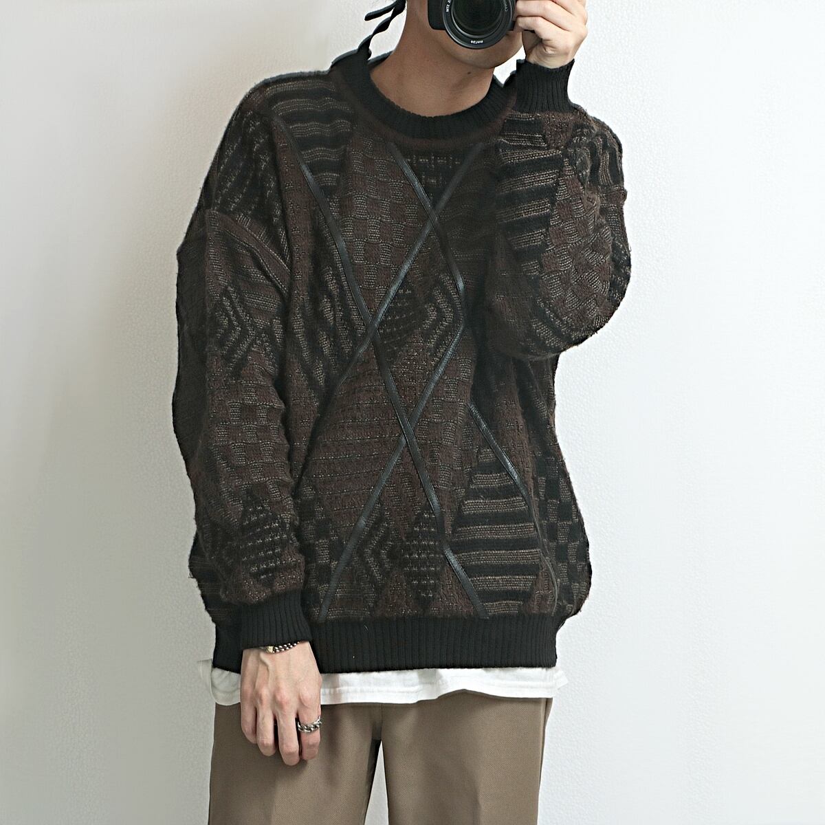 PRONTO-UOMO Italy製 総柄 スイッチング デザイン ウール アクリル セーター 古着 used