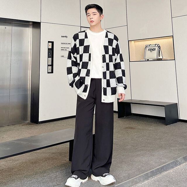 予約販売】カーディガン ニット メンズ アウター チェッカーフラッグ柄