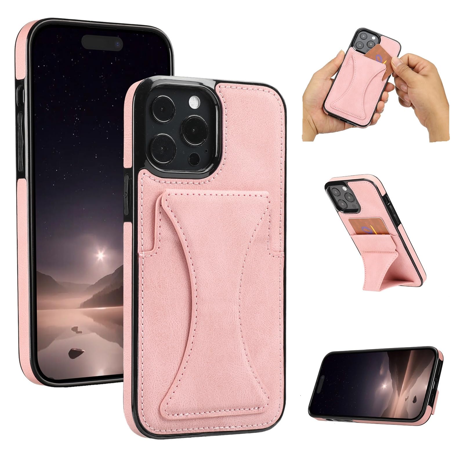 grooblue iPhone16e 対応 スマホケース カバー 縦置き 横置き スタンド付 レザー カード収納 衝撃吸収 軽量 ピンク