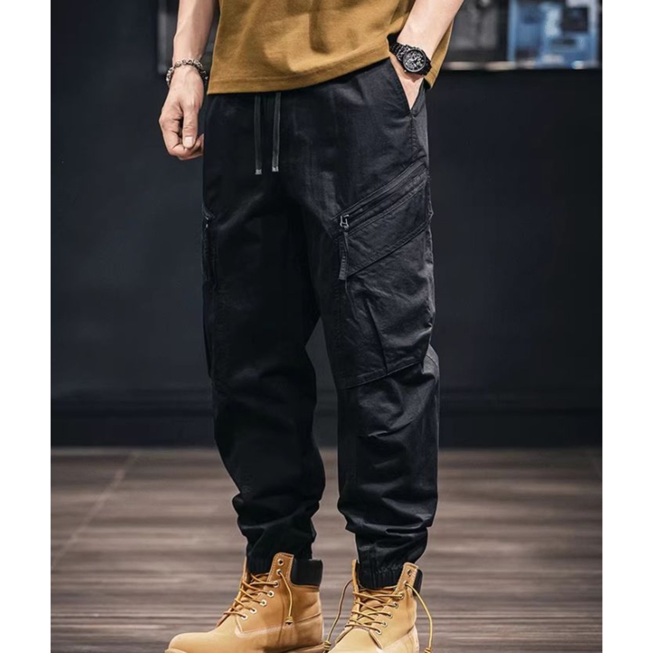 Tapered silhouette drawcord waist elastic cargo pants ◇3color H0337