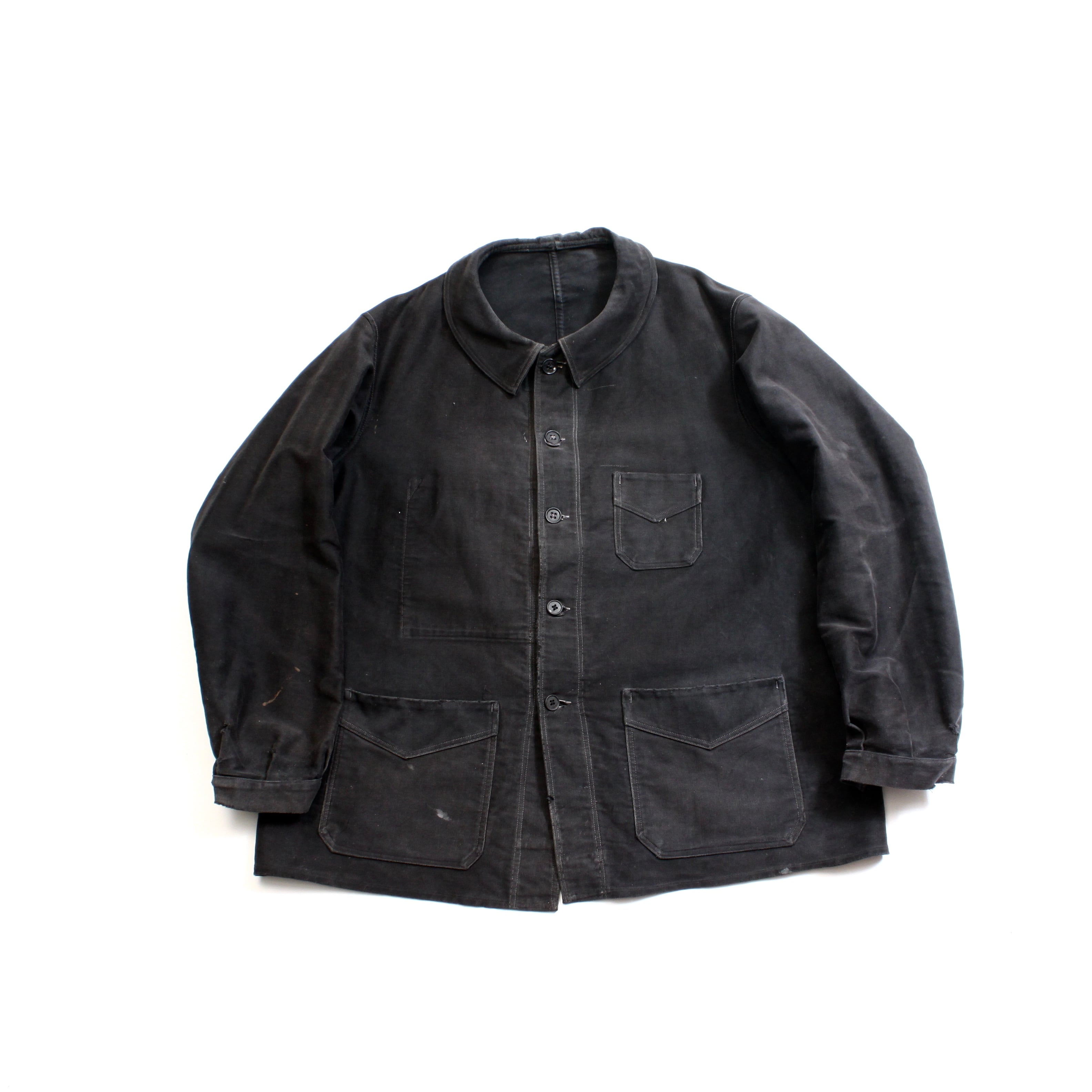 0633. 1940's Le Mont St Michel Black moleskin work jacket 50 40s