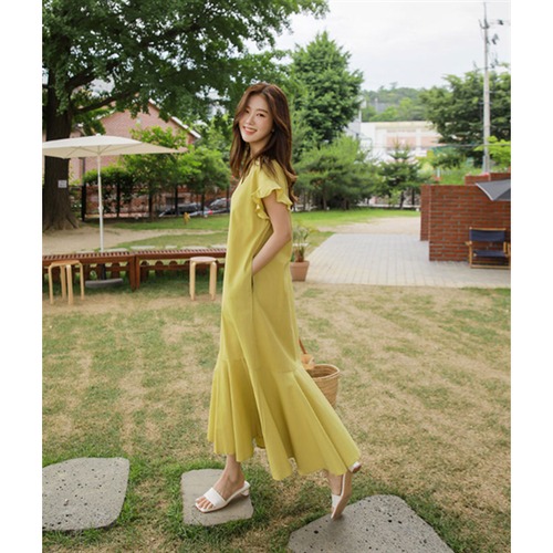 半袖ワンピース ロングスカート 膝丈スカート ルーズシルエット フレアスリーブ 無地 体型カバー 大きいサイズ ラウンドネック プルオーバー 夏服 半袖 ルーズウエスト フレアスカート カジュアル