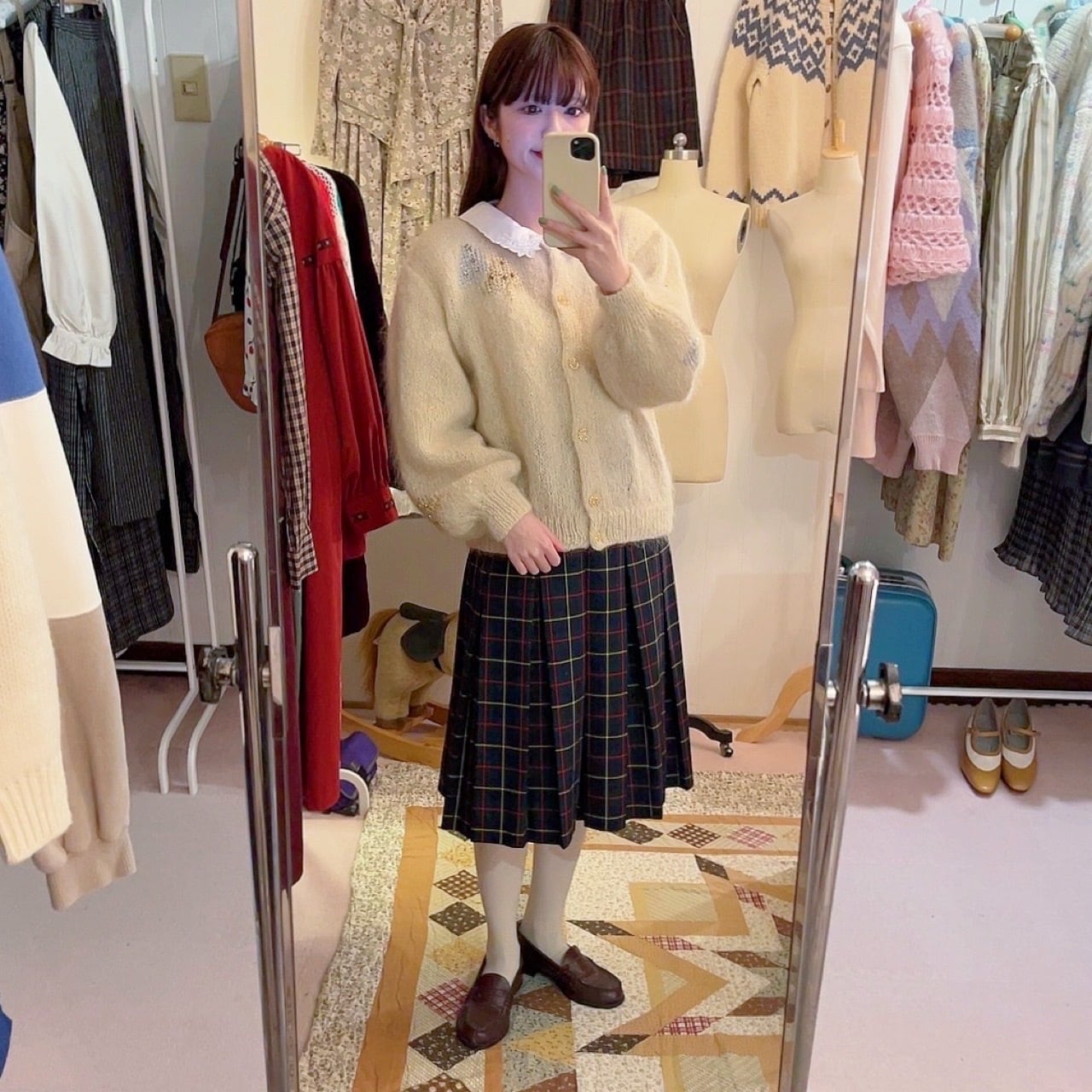 green check gold button skirt