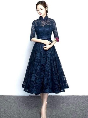 ★送料無料★9号（Ｍ)☆総レ－スミモレ丈フレア－ワンピ－ス(OPN3245)