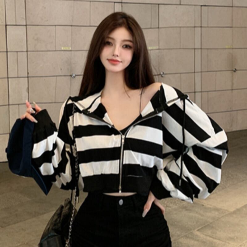 ルーズジッパーフードカーディガンオータムブラウス レディース 秋物 ハンチェンe38425408553