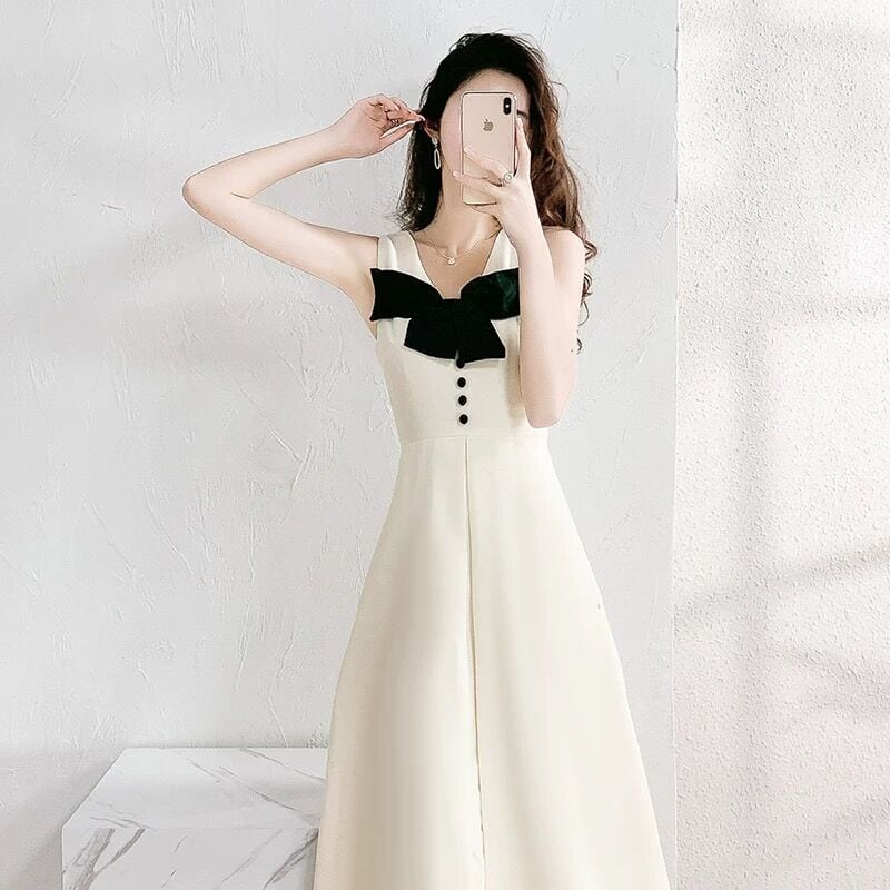 Moonシリーズ ワンピース Vネック リボン ノースリーブ 可愛い 綺麗 デート スリム Miyabigo