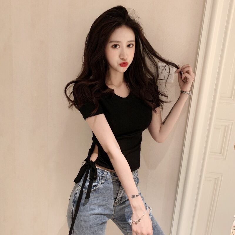 半袖Tシャツ女性の2020年夏の新しい香港フレーバー不規則なしわ引きひも白いボトミングシャツトップトレンド 1号婦人84969457482