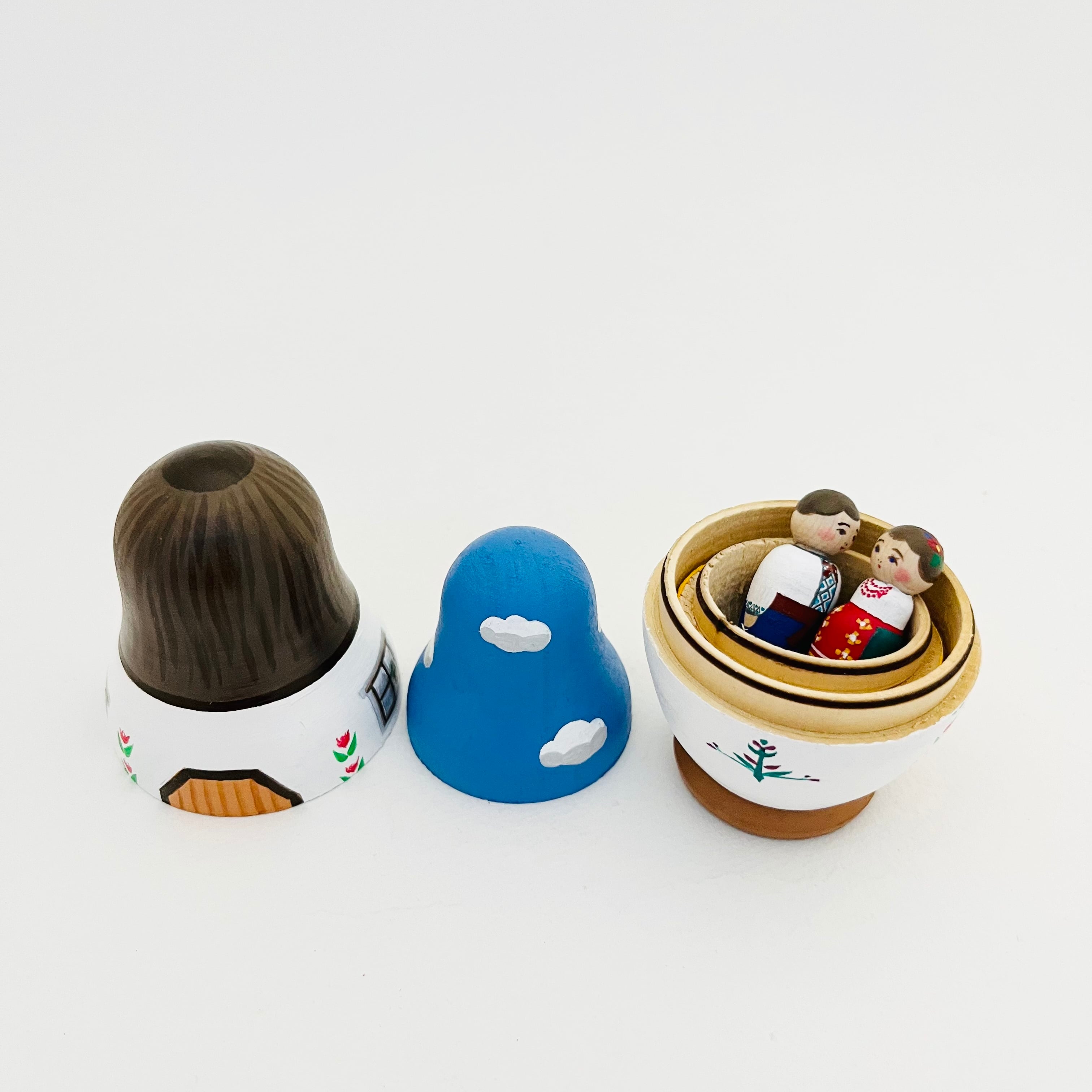 ウクライナ支援マトリョーシカ&こけし 10cm(家 / 青空&麦畑/女の子&男の子)