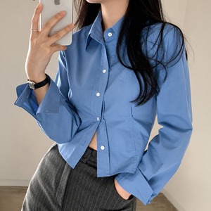 ショート丈 シャツ ブラウス レディース 春秋 韓国 長袖 クロップド丈 レギュラーカラー 前開き 無地 シンプル きれいめ カジュアル レイヤード 重ね着 羽織り 着回し 通勤 通学 [LF-CGT002]
