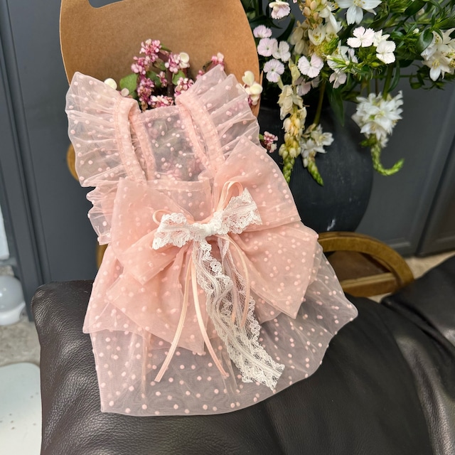 sheer dot tulle bow dress 2col