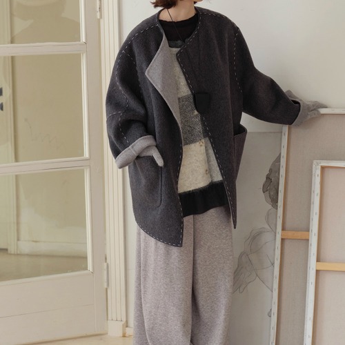 ノーカラーステッチチェスターコート ・8653