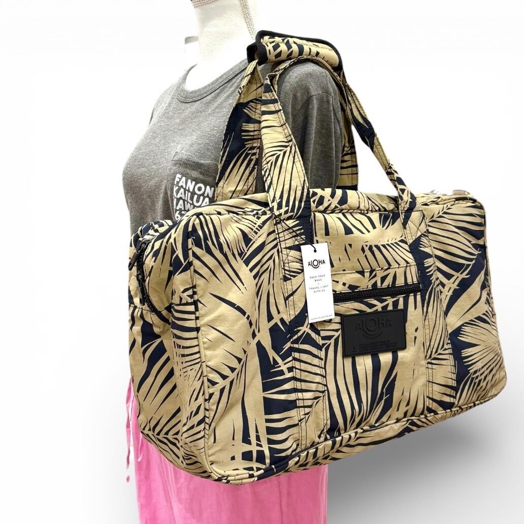 ALOHA COLLECTION】 ボストンバッグ リーフ柄 ヤシ ブラック ベージュ