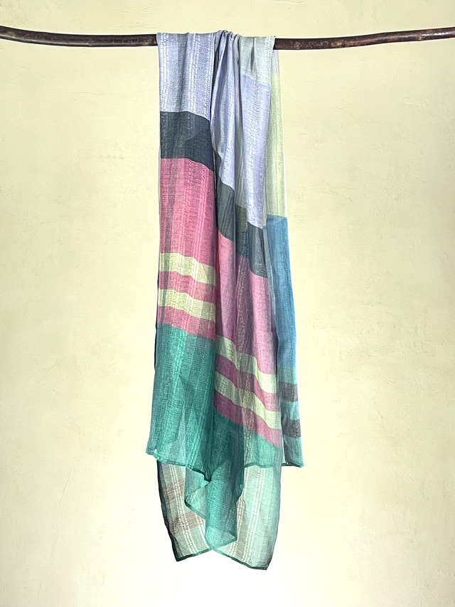 絹からみ織り布（ストール) ～赤× 緑 × 青 ×  ストライプ～　Silk leno weaving cloth (scarf) ～red × green × blue × stripe～