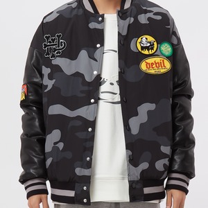 SALE 送料無料【HIPANDA ハイパンダ】男女兼用 カモフラージュプリント ワッペン 中綿スタジャン UNISEX CAMO PRINT WAPPEN PUDDING BASEBALL JACKET / BLACK・BEIGE