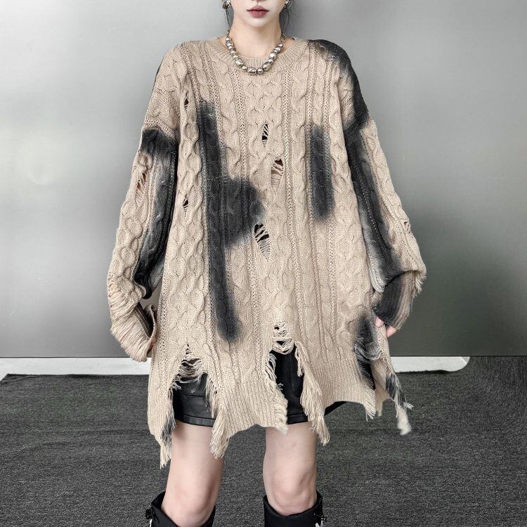 PAINT DAMAGED ROUND NECK IRREGULAR HEM PULLOVER KNIT 2colors M-15351