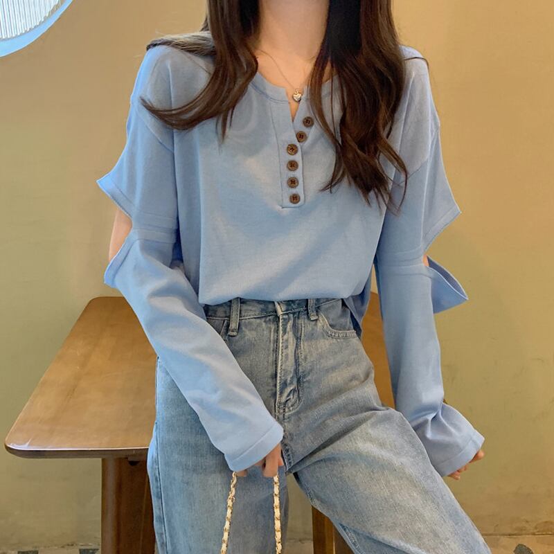 ソリッド カラーシャツ トップス スプリングTシャツ ロング 春物 ソリッドカラー 試着室60703038749