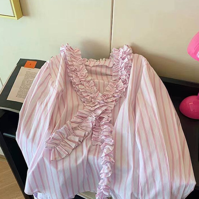 light pink striped v-neck blouse ruffle trim long sleeve<t3214>