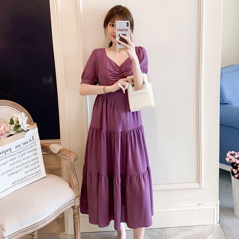 【新作】【送料無料】 マタニティウェア2020夏の新しいテンセルコットンプリーツVネックケーキドレス小さな新鮮なミドル丈ドレス妊婦-アリババ サマー 夏物 expec295853438476