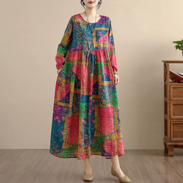 PRINT BOAT NECK A-LINE LONG PULLOVER DRESS 1color M-14478