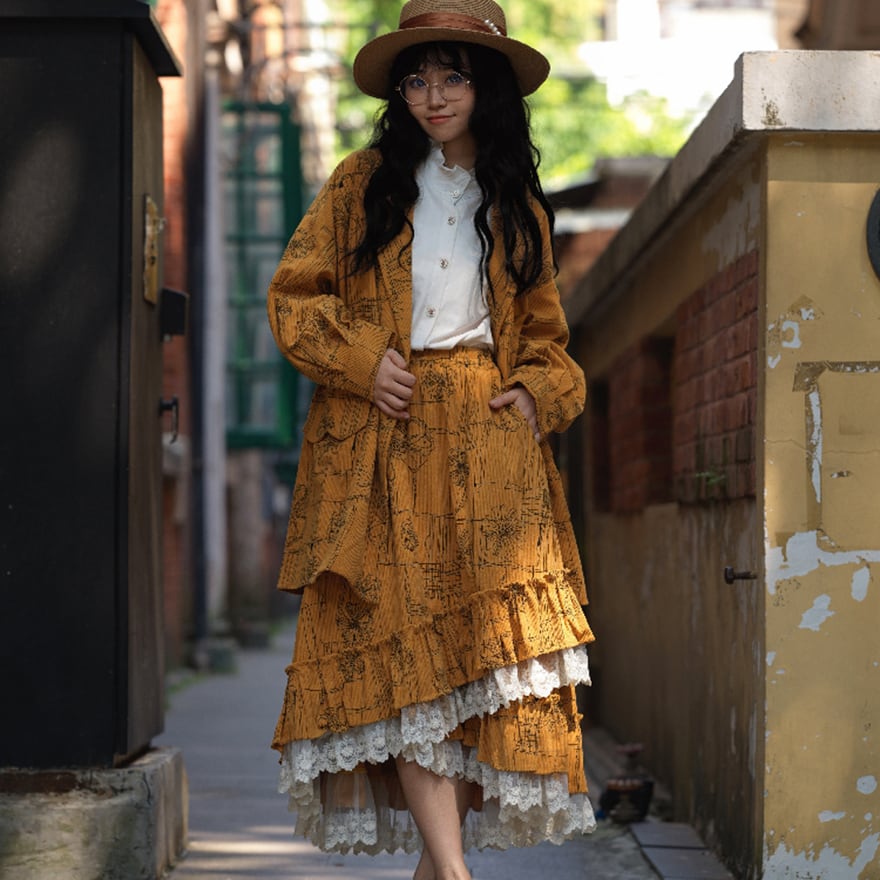 セミロリ コーデュロイ ミドル丈 スカート 森ガール風 フリル レイヤード レトロロリィタ