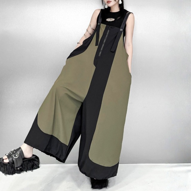 Asymmetric zip strap overalls【2color】 C1559