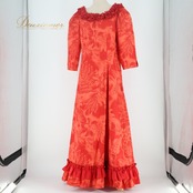 フラダンス 衣装 ワンピース ドレス レッド系 CC Fashions ハワイ製 プルメリア柄 モンステラ柄 ハワイアンプリント アロハ フラ ダンス レッスン 練習 フリル 五分袖 ワンカラー かわいい おしゃれ 上品 華やか 鮮やか ハワイ 服飾 レディース かわいいドレス エレガント